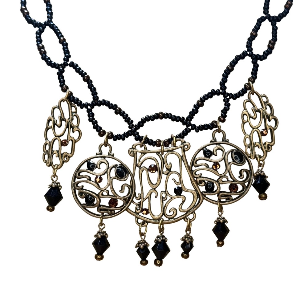 Chico's Statement Necklace Black‎ Brass Bohemian Filigree Bib Crystal